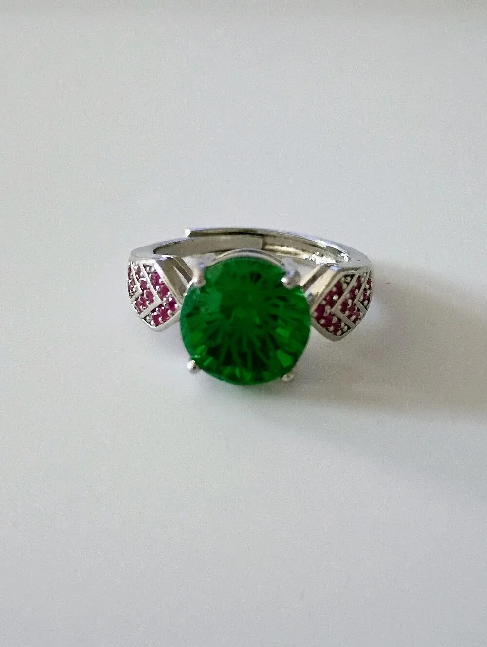 New Green Rose Cut Solitaire Ring with Pink Accents -